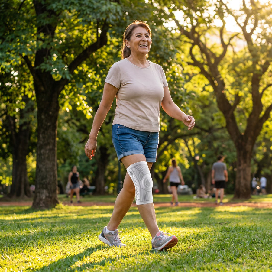 Persona caminando en el parque con la rodillera