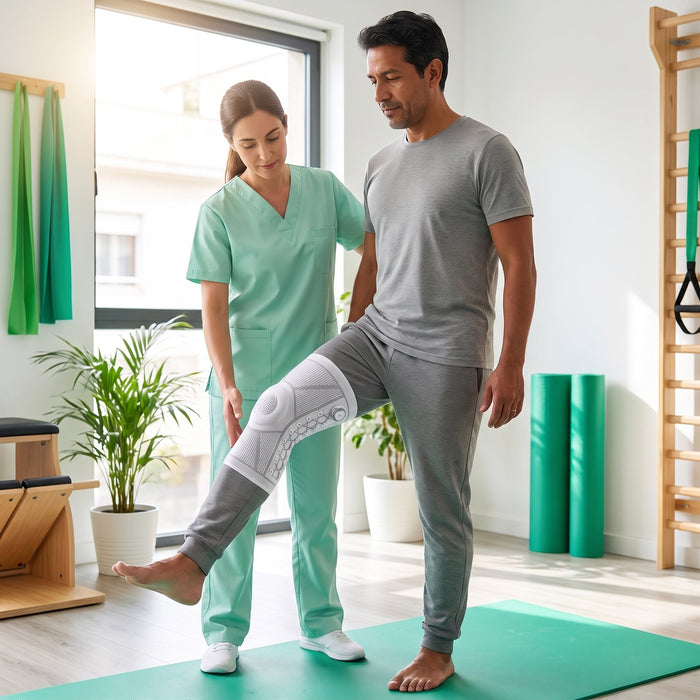 Hombre haciendo rehabilitación de rodilla con la rodillera